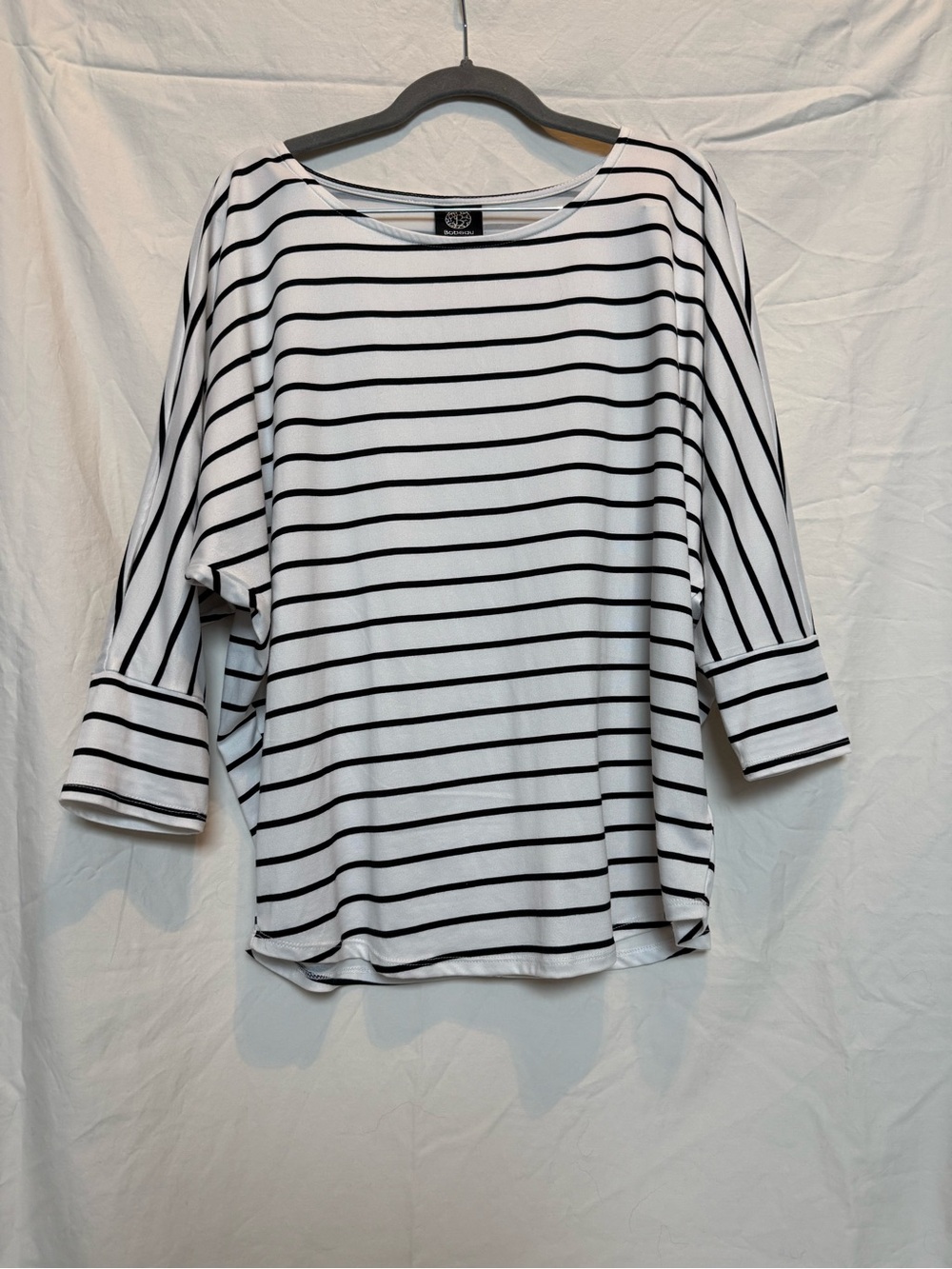 Bobeau White and Black Striped Long Sleeve Boatneck Top